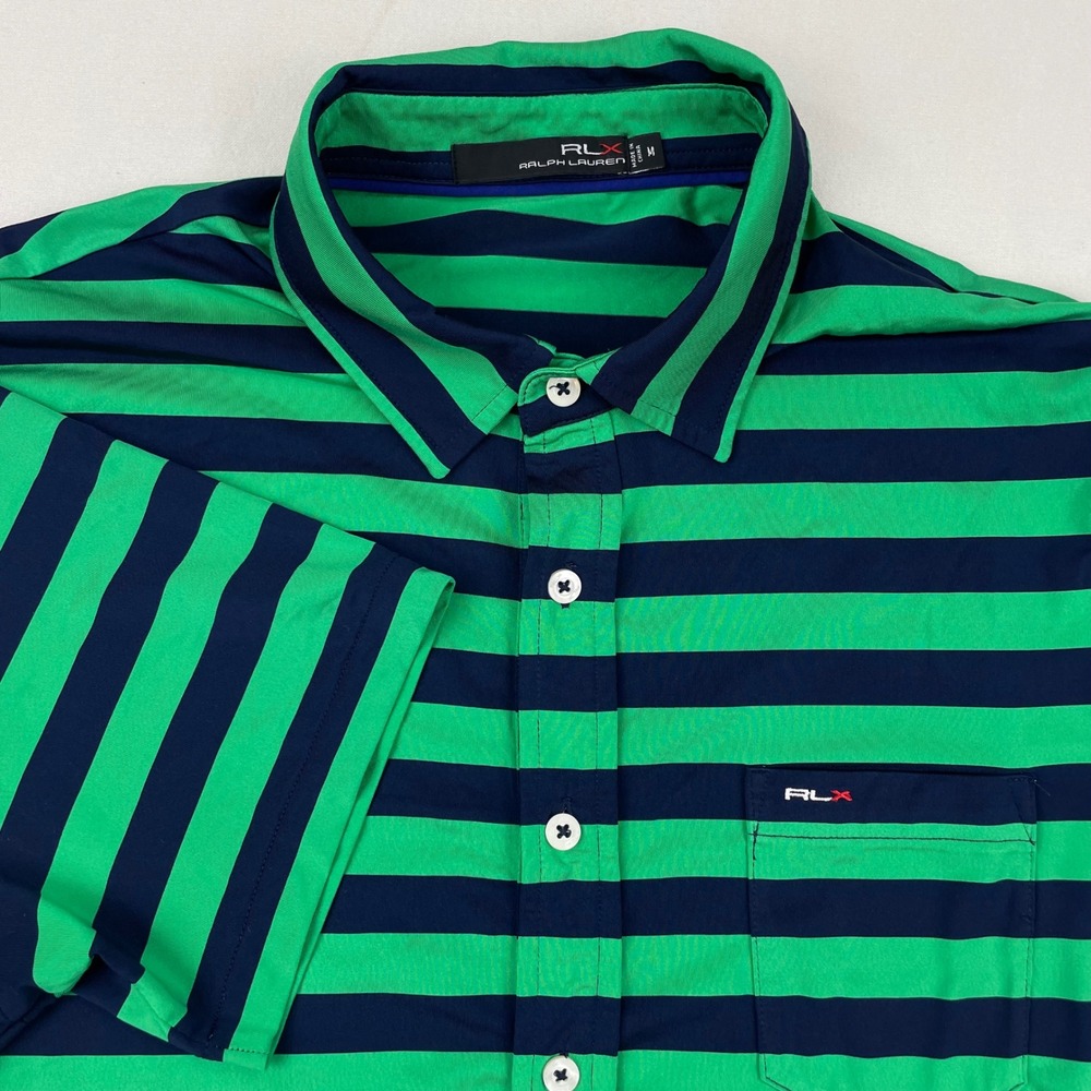 RLX Ralph Lauren Mens Green Navy Striped Performance Golf Polo Shirt Size M